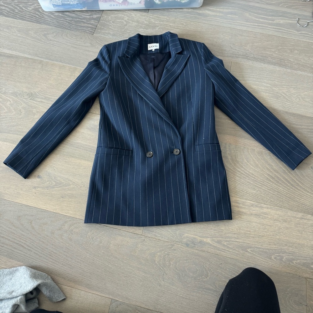 Ganni Navy Pinstripe Double Breasted Blazer Tailored Jacket